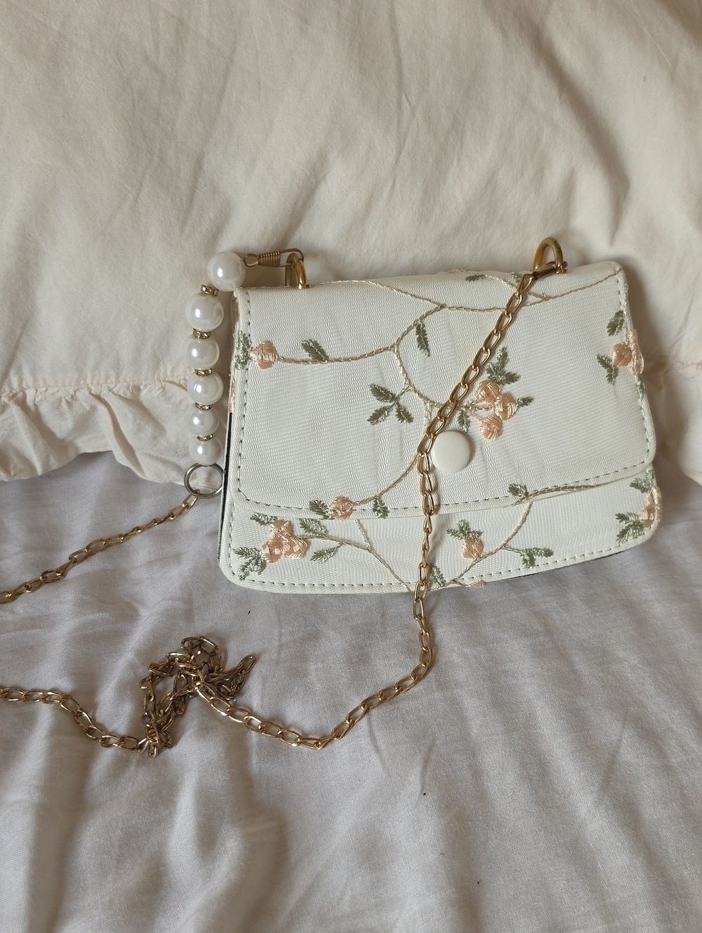 White Floral Embroidered Crossbody Bag with Pearl Accent